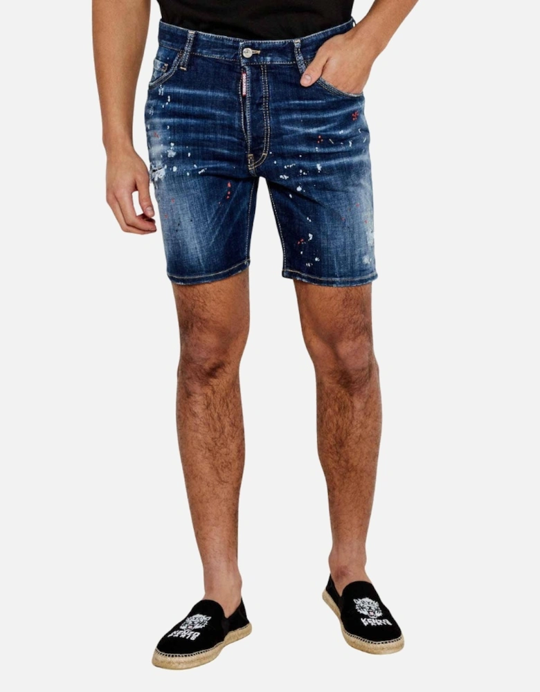Navy Blue Marine Denim Shorts Paint Splatter Design
