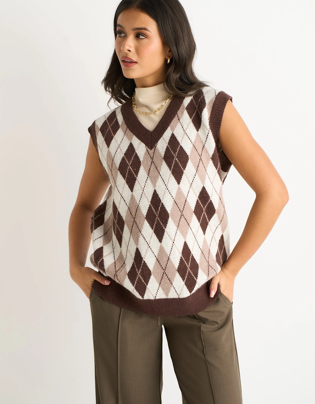 Gini London Women's Chocolate Argyle Knit Vest Jumper - : Size 12