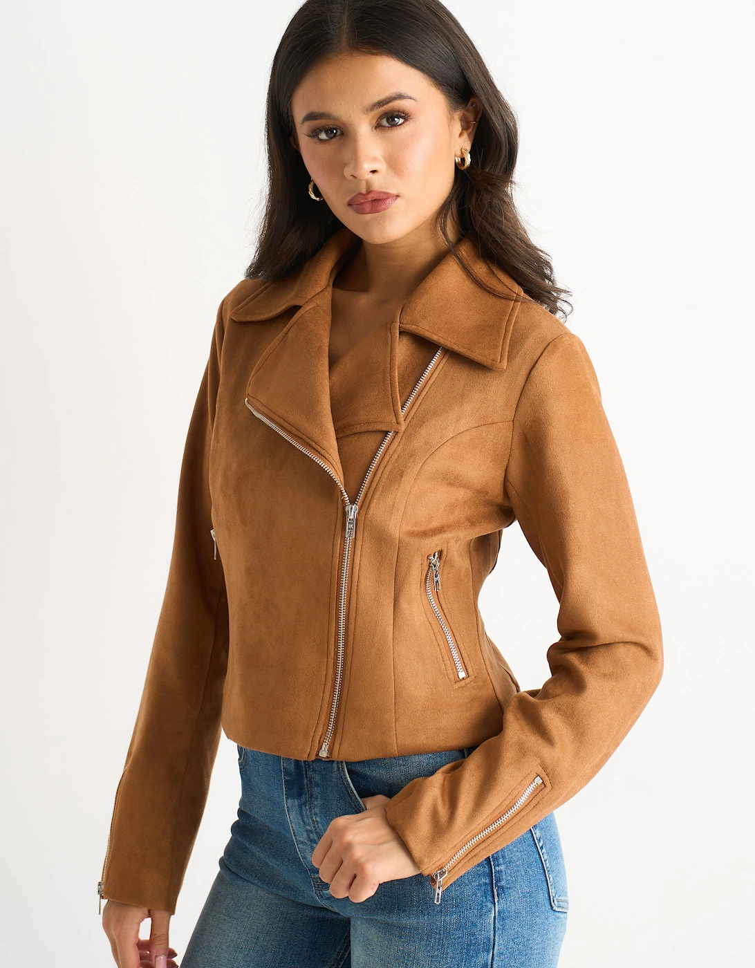 Brown Faux Suede Biker Jacket