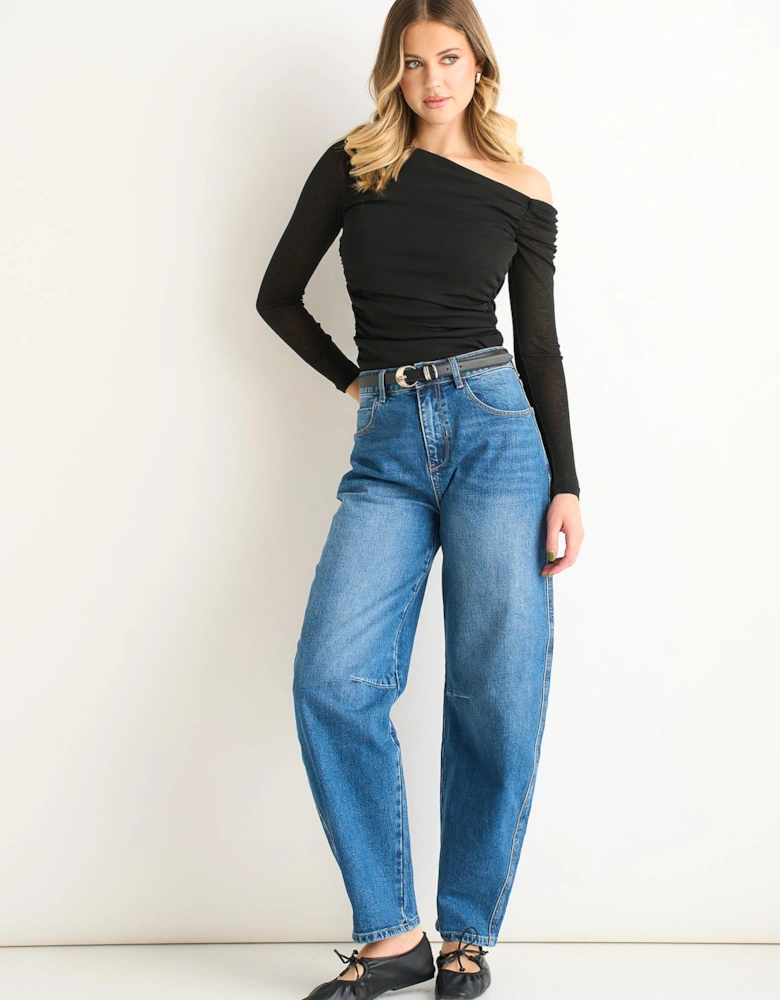 Black Jersey Slash Neck Long Sleeve Top