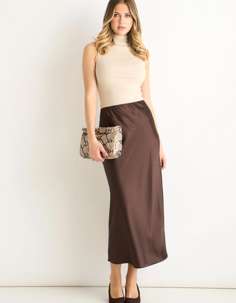 Chocolate Satin Bias Cut Midi Skirt
