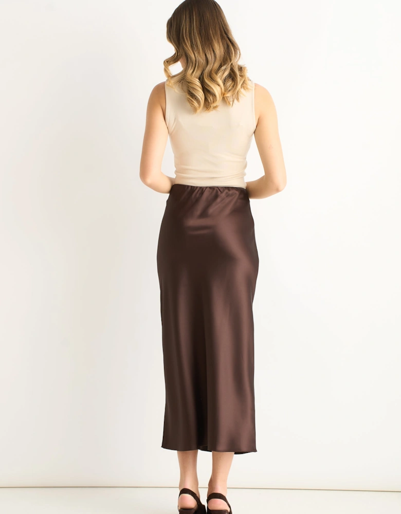 Chocolate Satin Bias Cut Midi Skirt