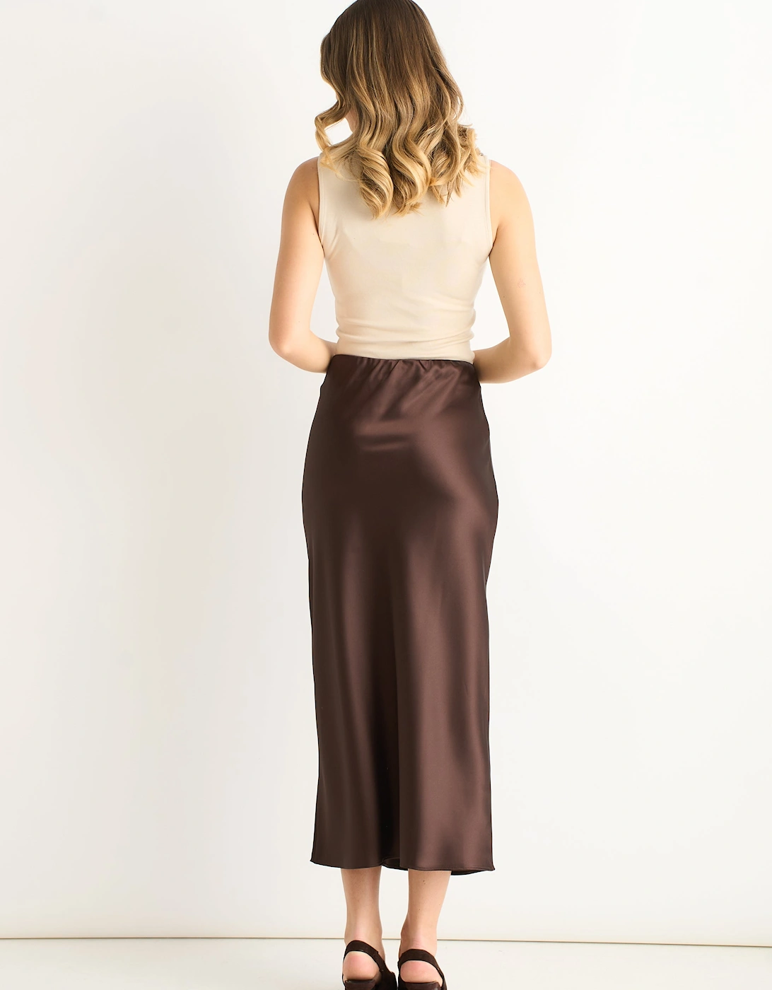 Chocolate Satin Bias Cut Midi Skirt