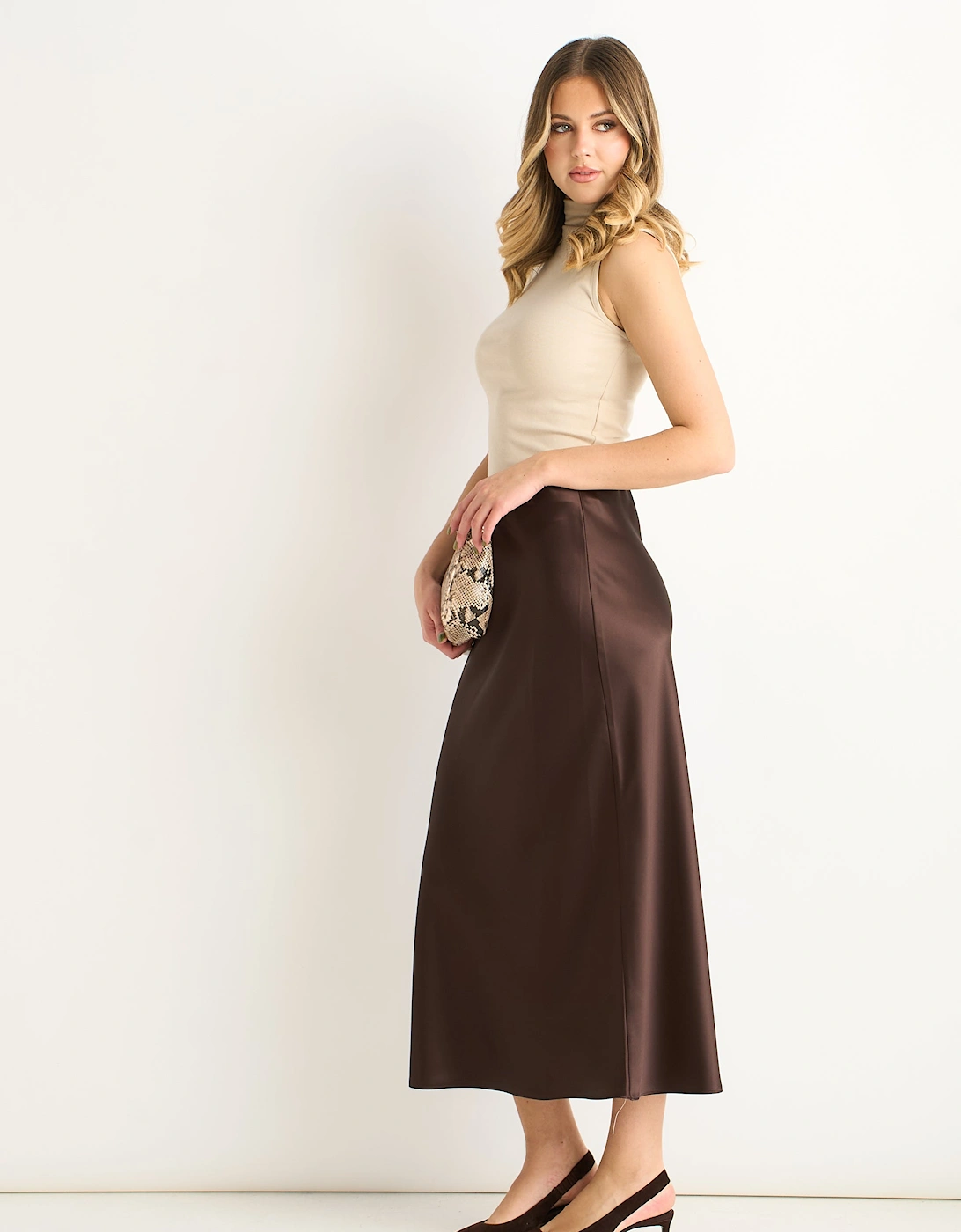 Chocolate Satin Bias Cut Midi Skirt