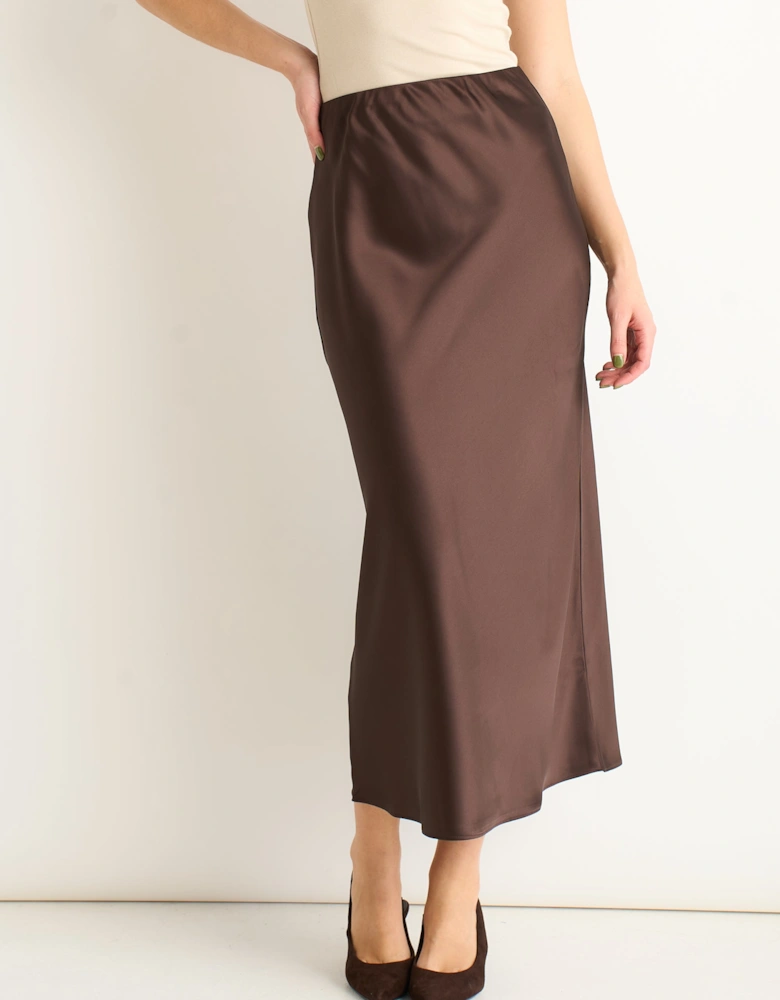 Chocolate Satin Bias Cut Midi Skirt