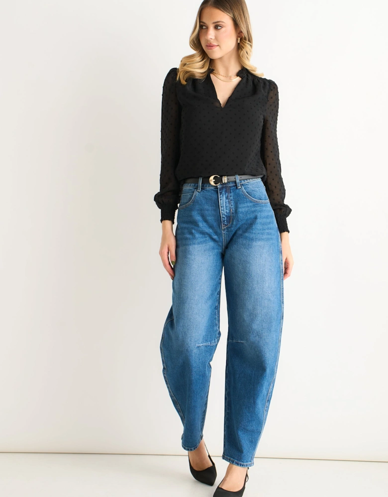 Black Dobby Chiffon Frill Neck Blouse