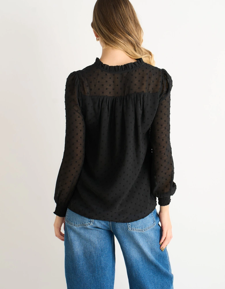 Black Dobby Chiffon Frill Neck Blouse