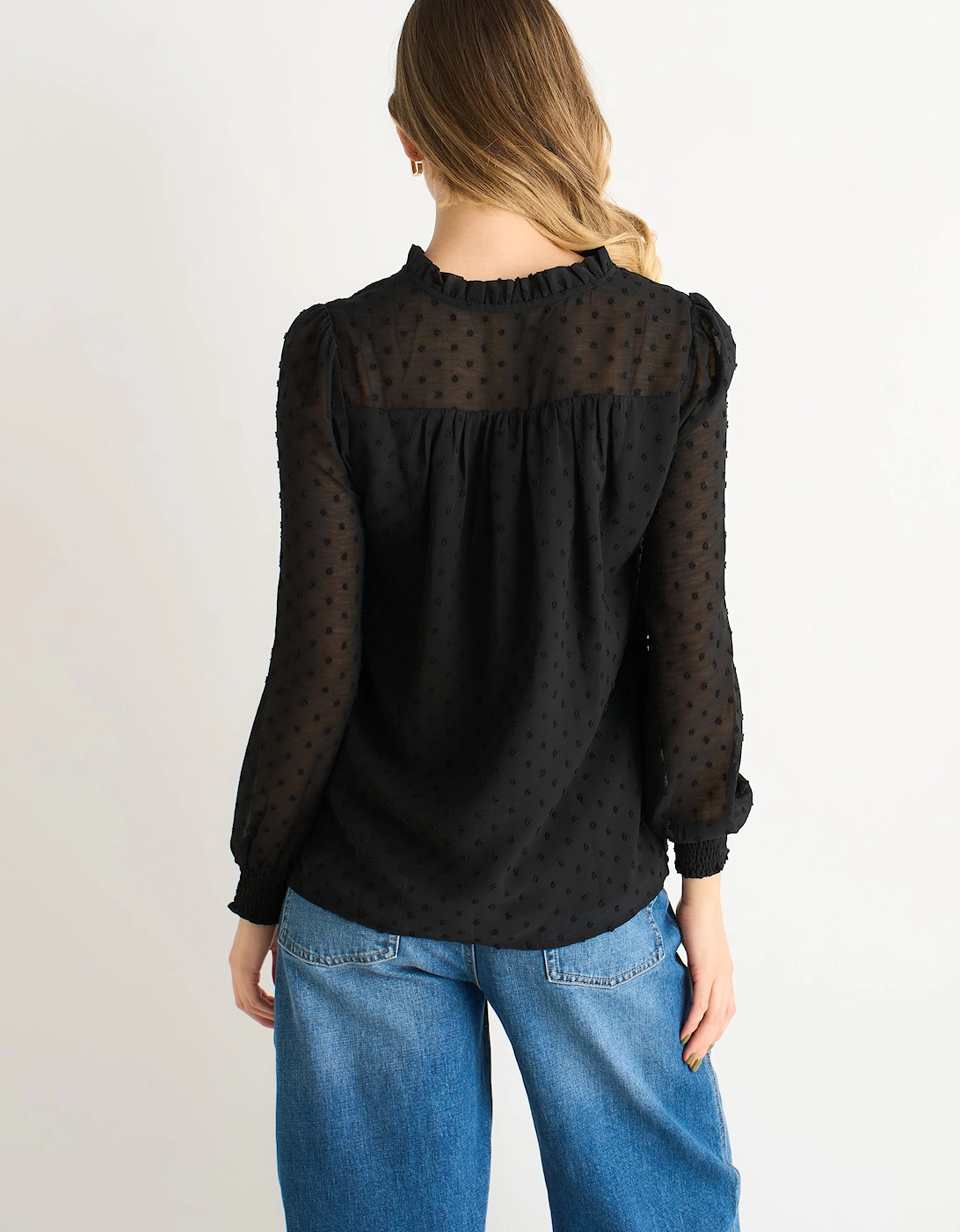 Black Dobby Chiffon Frill Neck Blouse