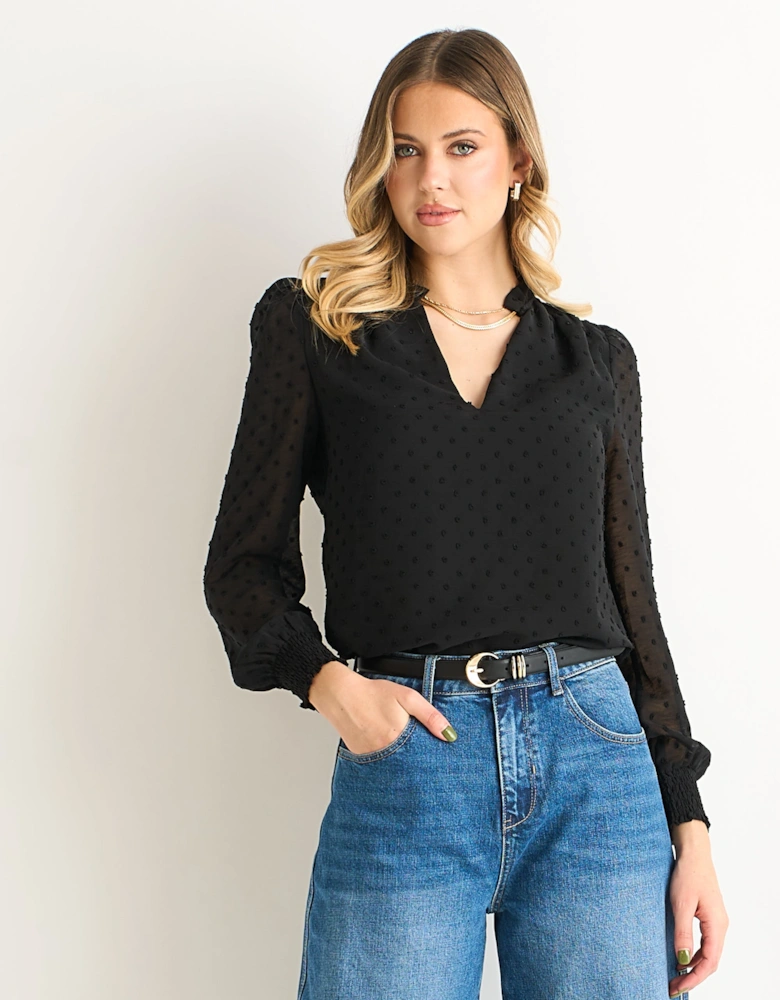 Black Dobby Chiffon Frill Neck Blouse