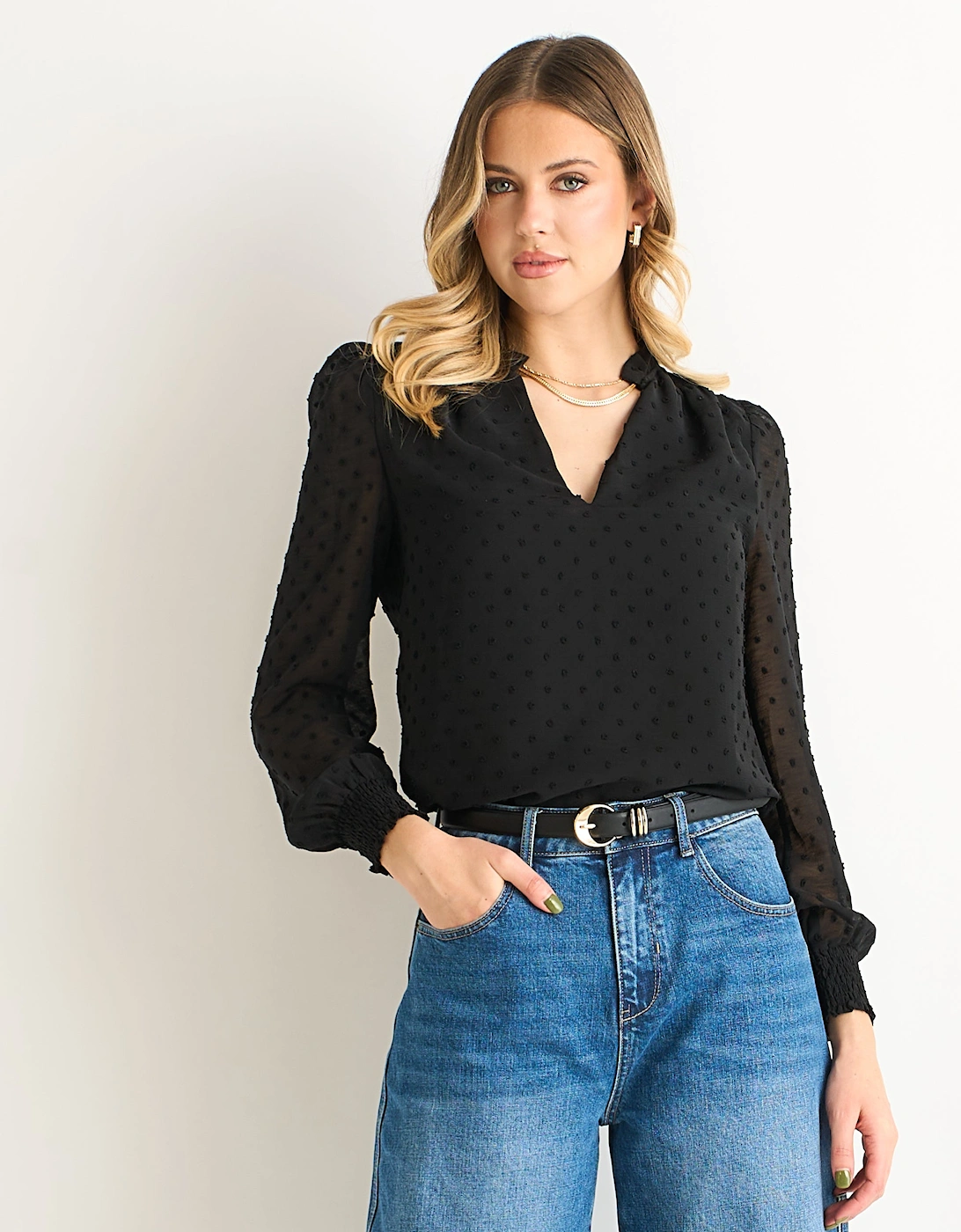 Gini London Women's Black Dobby Chiffon Frill Neck Blouse - Size: 14
