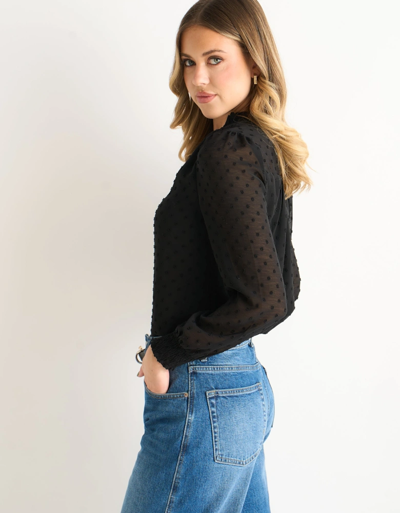 Black Dobby Chiffon Frill Neck Blouse