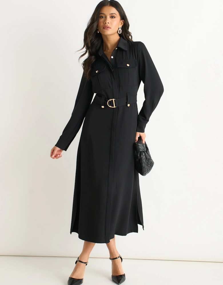 Black Luxe Gold Button Utility Shirt Dress