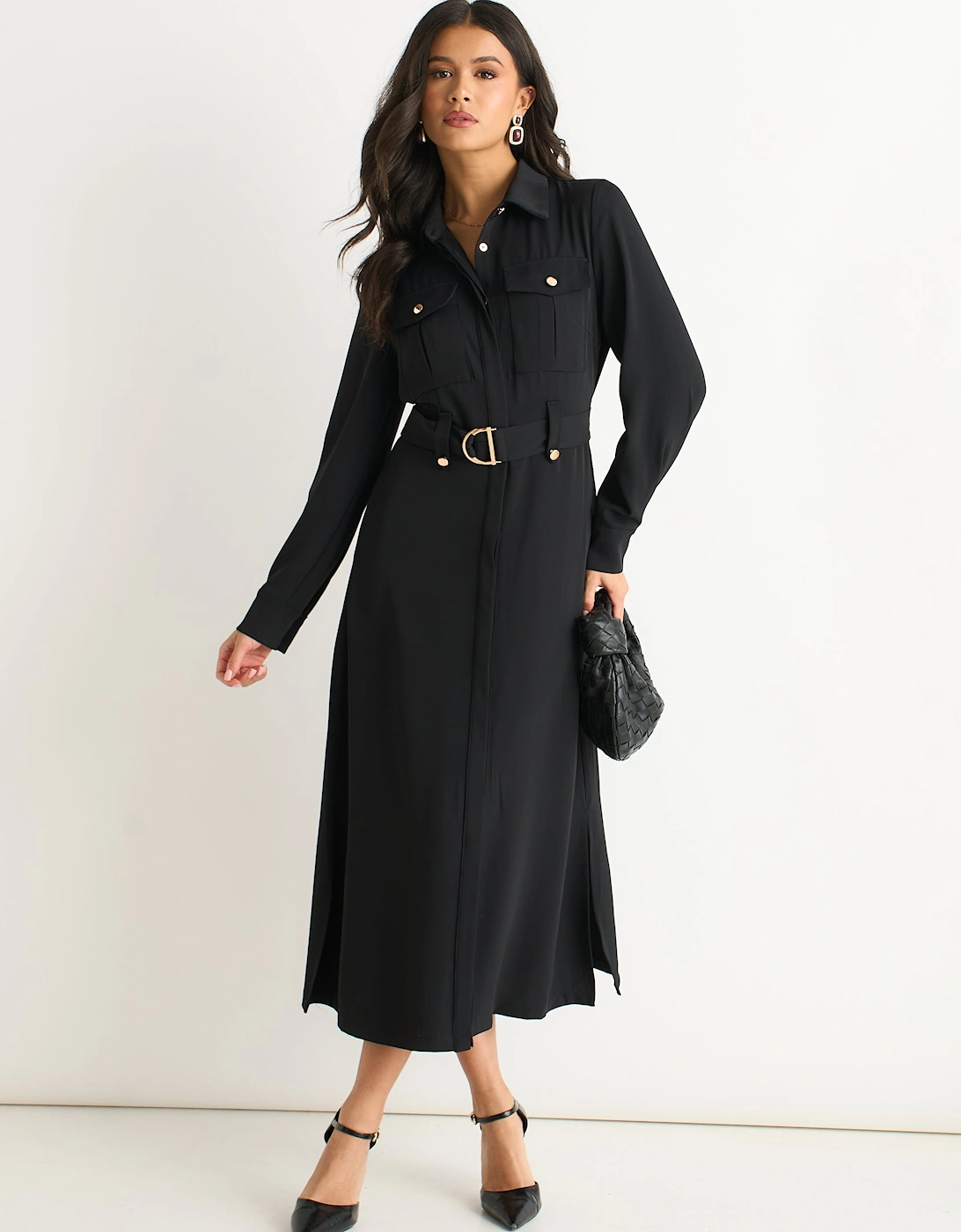 Black Luxe Gold Button Utility Shirt Dress, 5 of 4