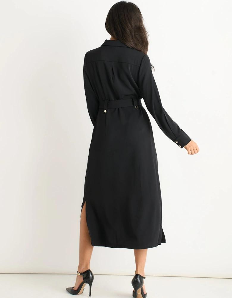 Black Luxe Gold Button Utility Shirt Dress