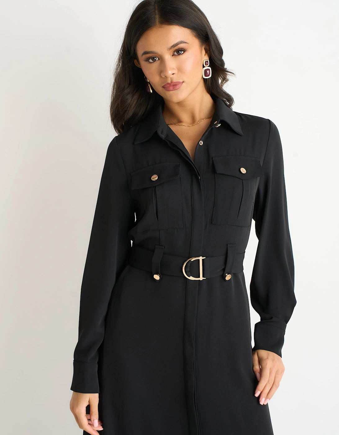 Black Luxe Gold Button Utility Shirt Dress
