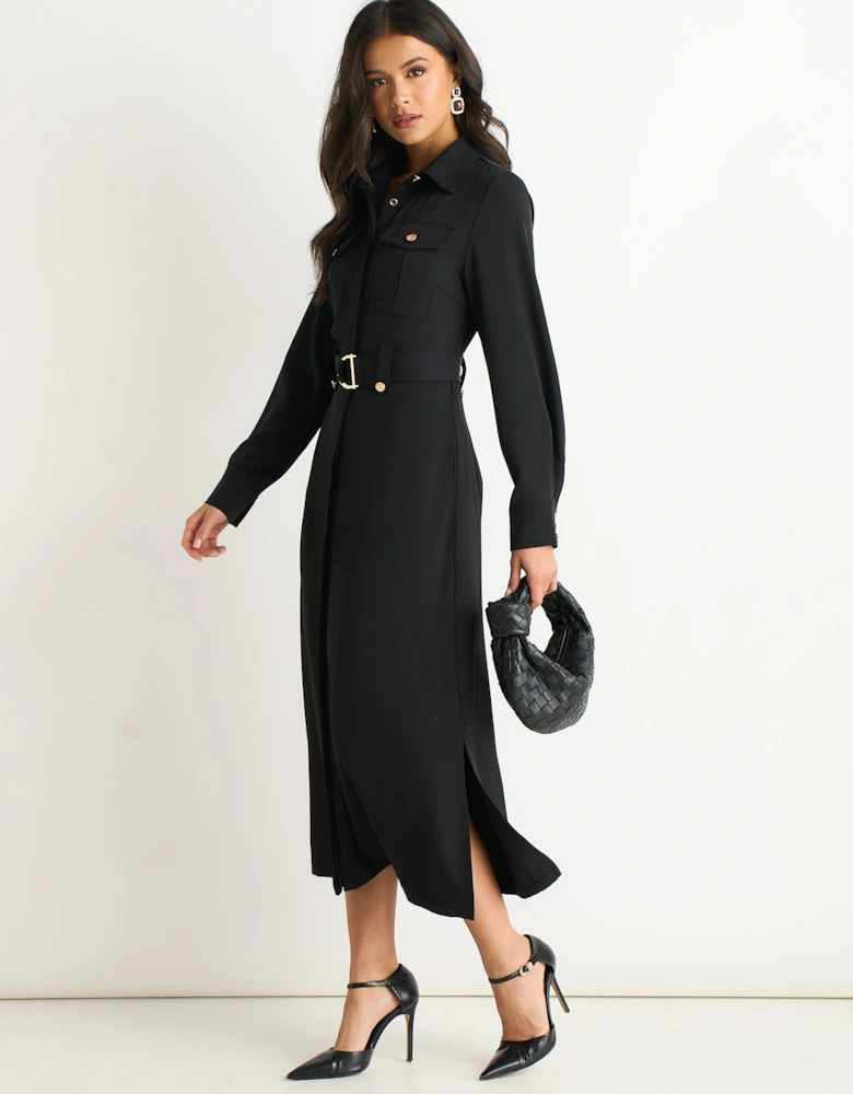 Black Luxe Gold Button Utility Shirt Dress