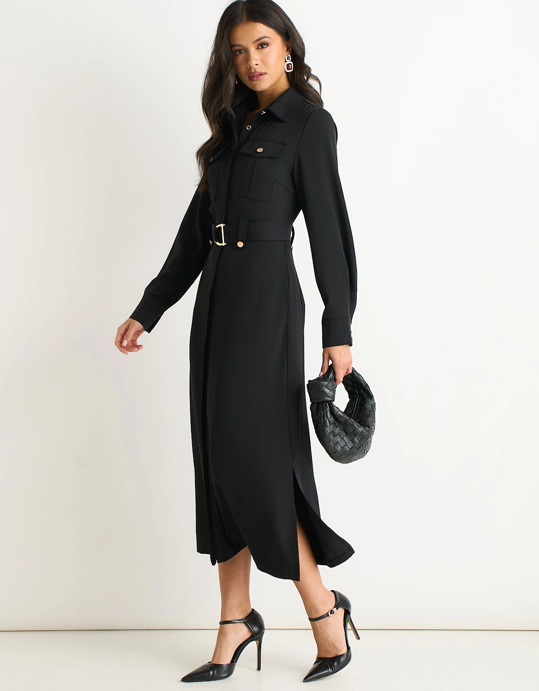 Black Luxe Gold Button Utility Shirt Dress