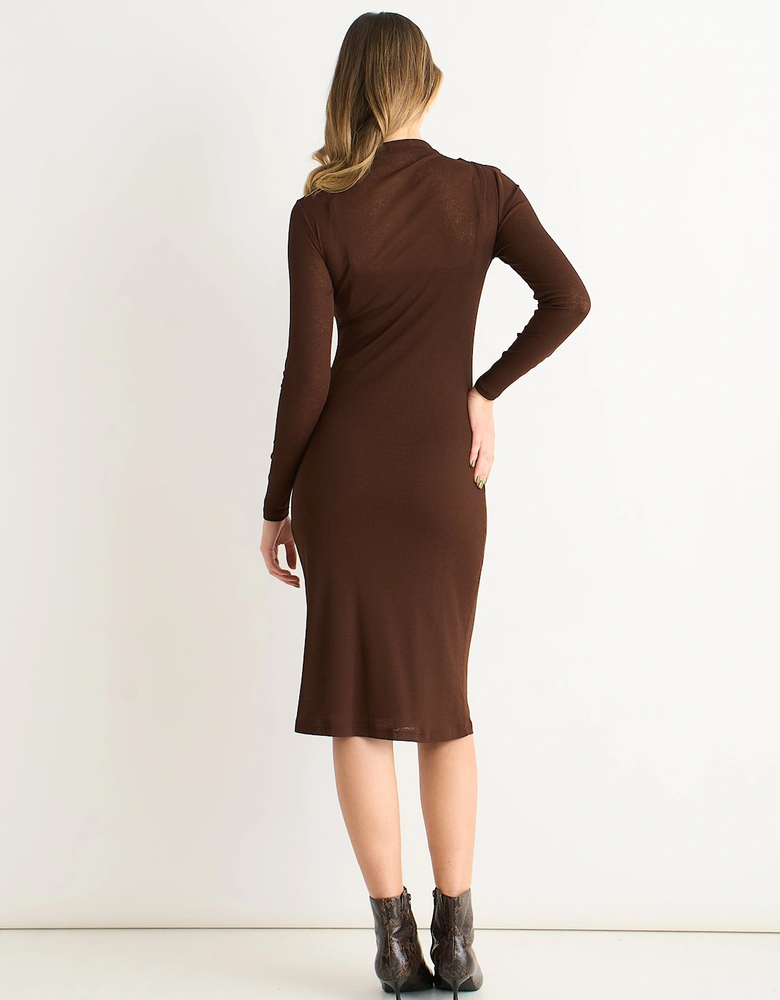 Chocolate Ruched Jersey Long Sleeve Midi Dress