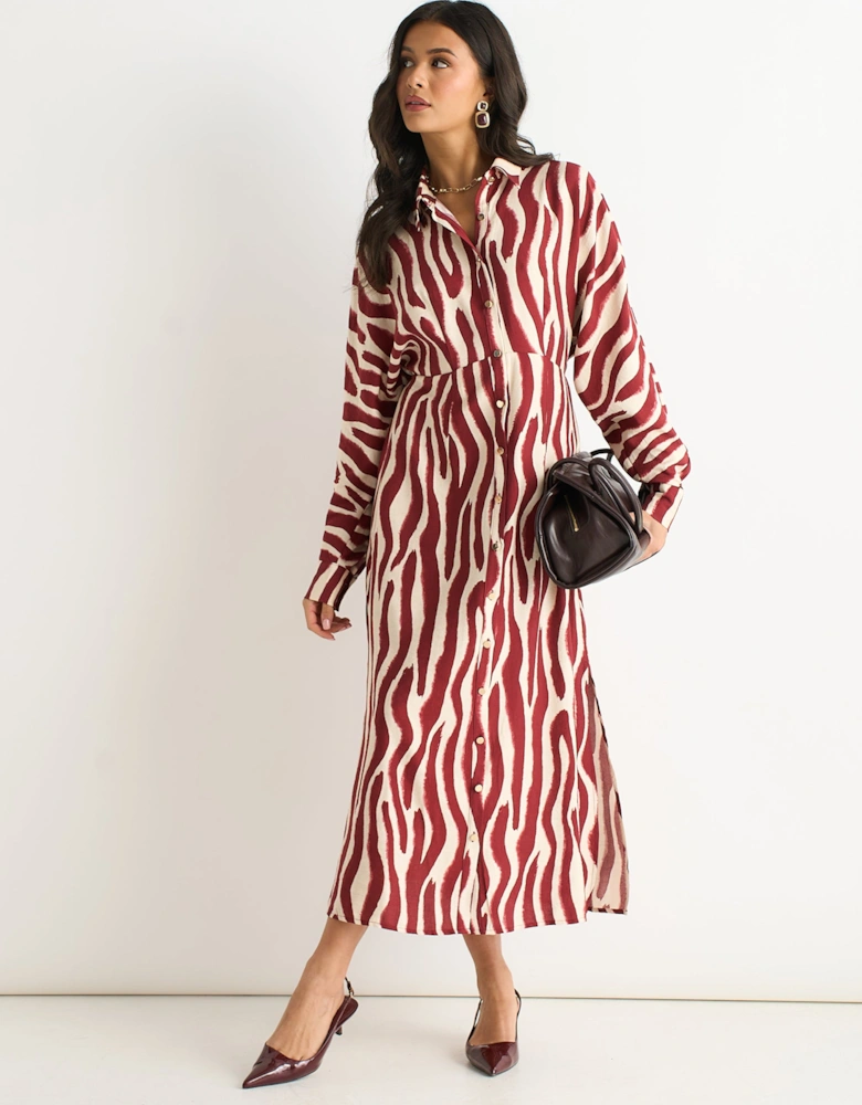 Burgundy Zebra Print Batwing Sleeve Shirt Dress