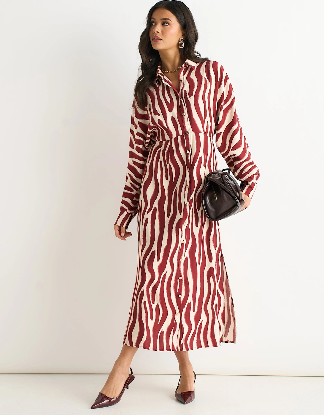 Burgundy Zebra Print Batwing Sleeve Shirt Dress