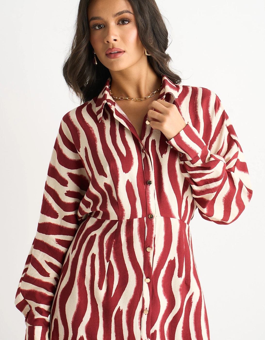 Burgundy Zebra Print Batwing Sleeve Shirt Dress