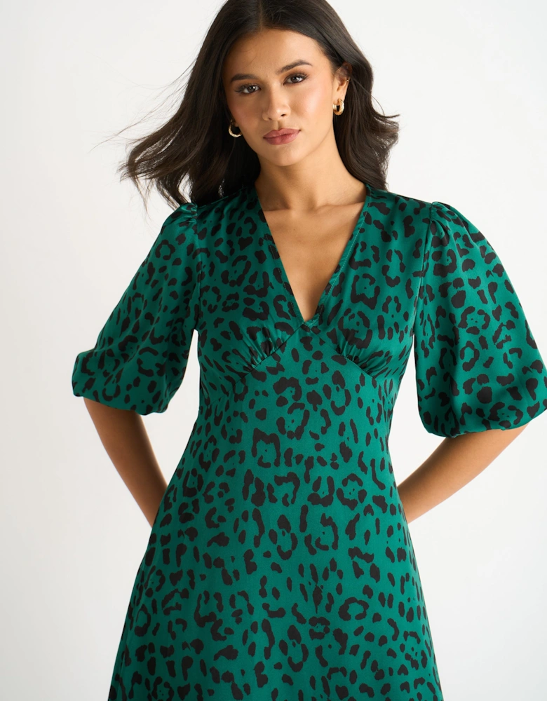 Green Animal Print Satin Midi Dress