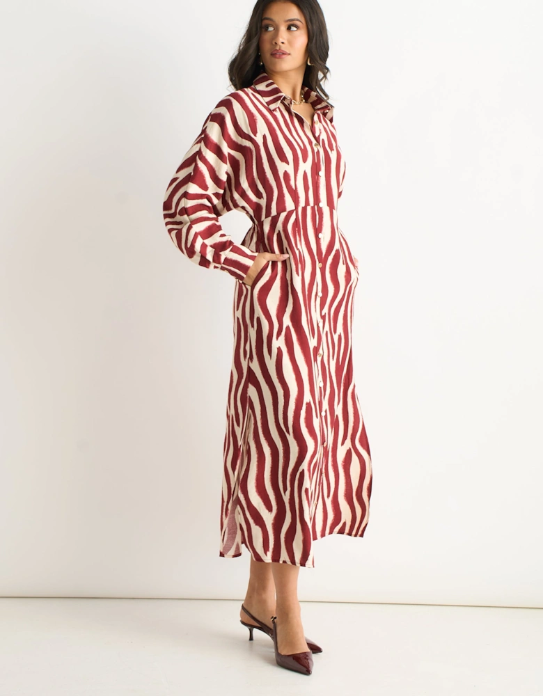Burgundy Zebra Print Batwing Sleeve Shirt Dress