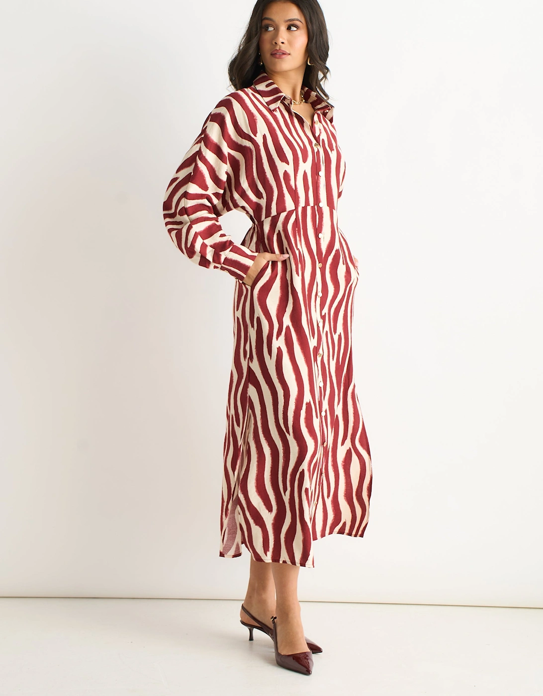 Burgundy Zebra Print Batwing Sleeve Shirt Dress