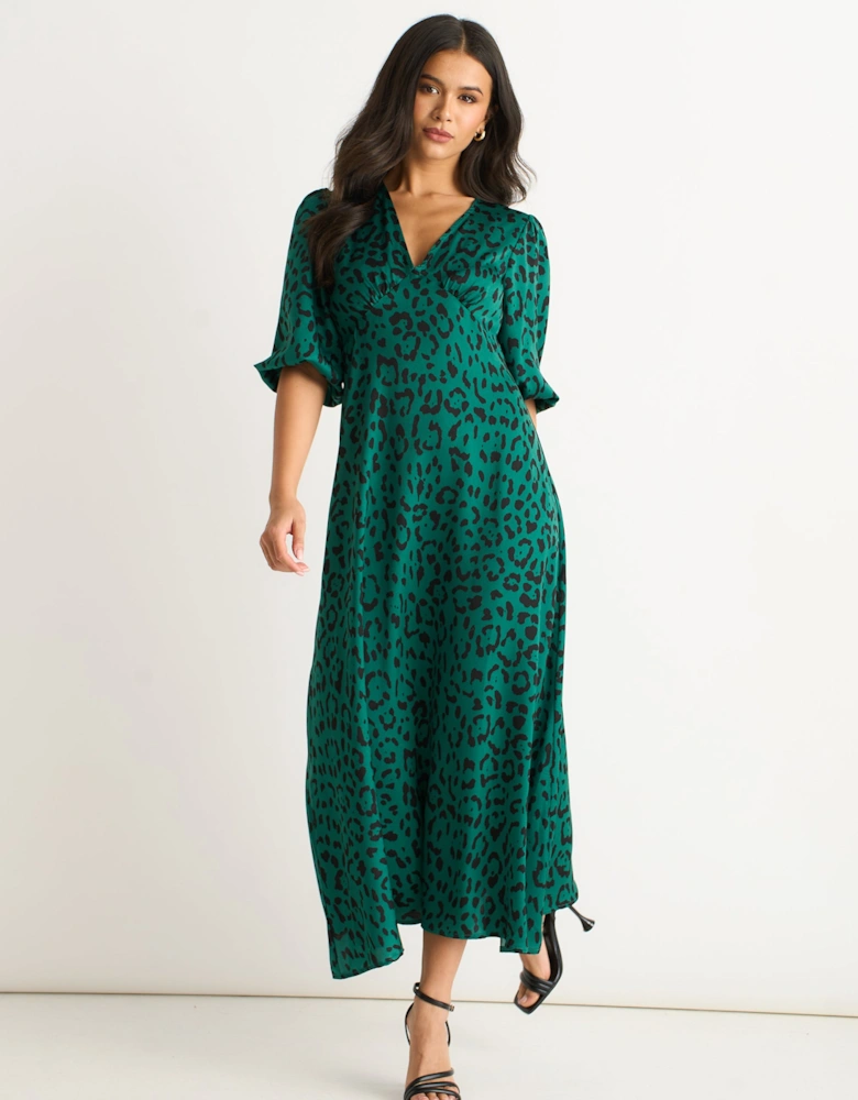 Green Animal Print Satin Midi Dress