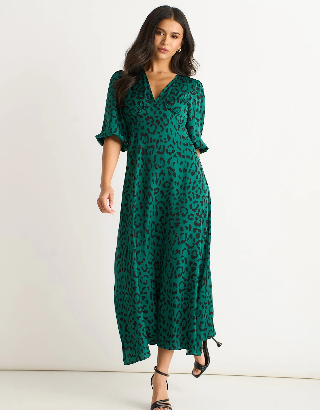 Gini London Women's Green Animal Print Satin Midi Dress - Size 8
