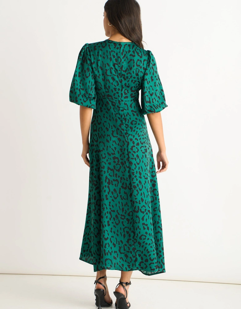 Green Animal Print Satin Midi Dress
