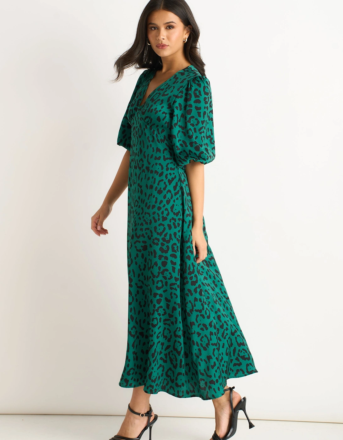 Green Animal Print Satin Midi Dress