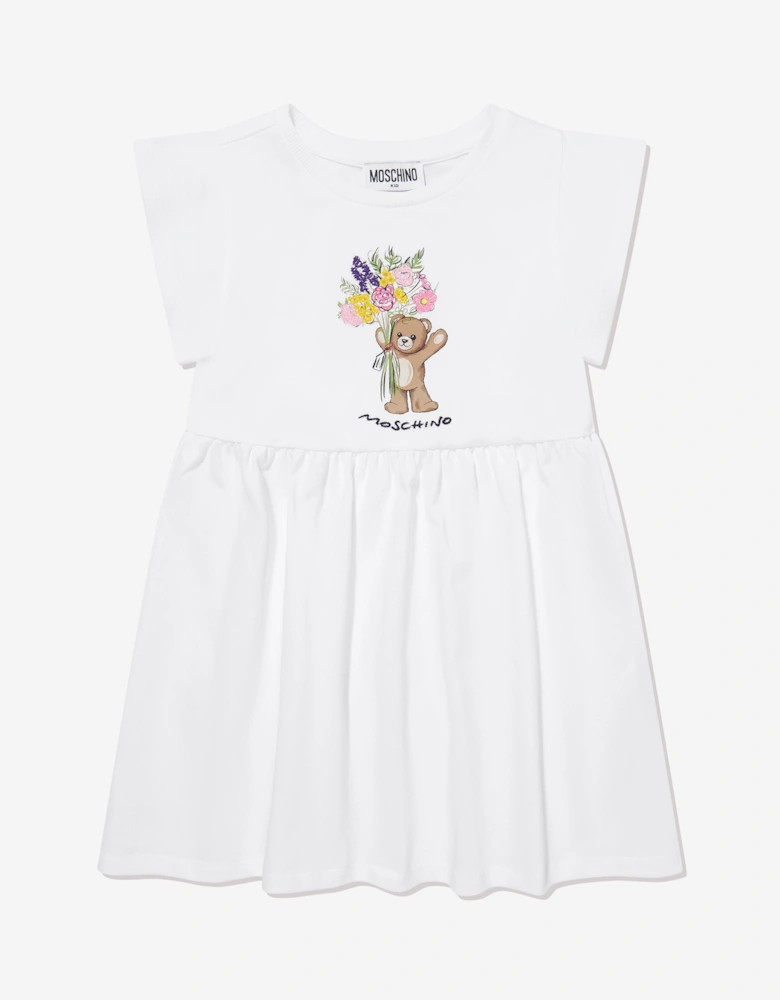 Girls Cotton Teddy Bear Dress in White