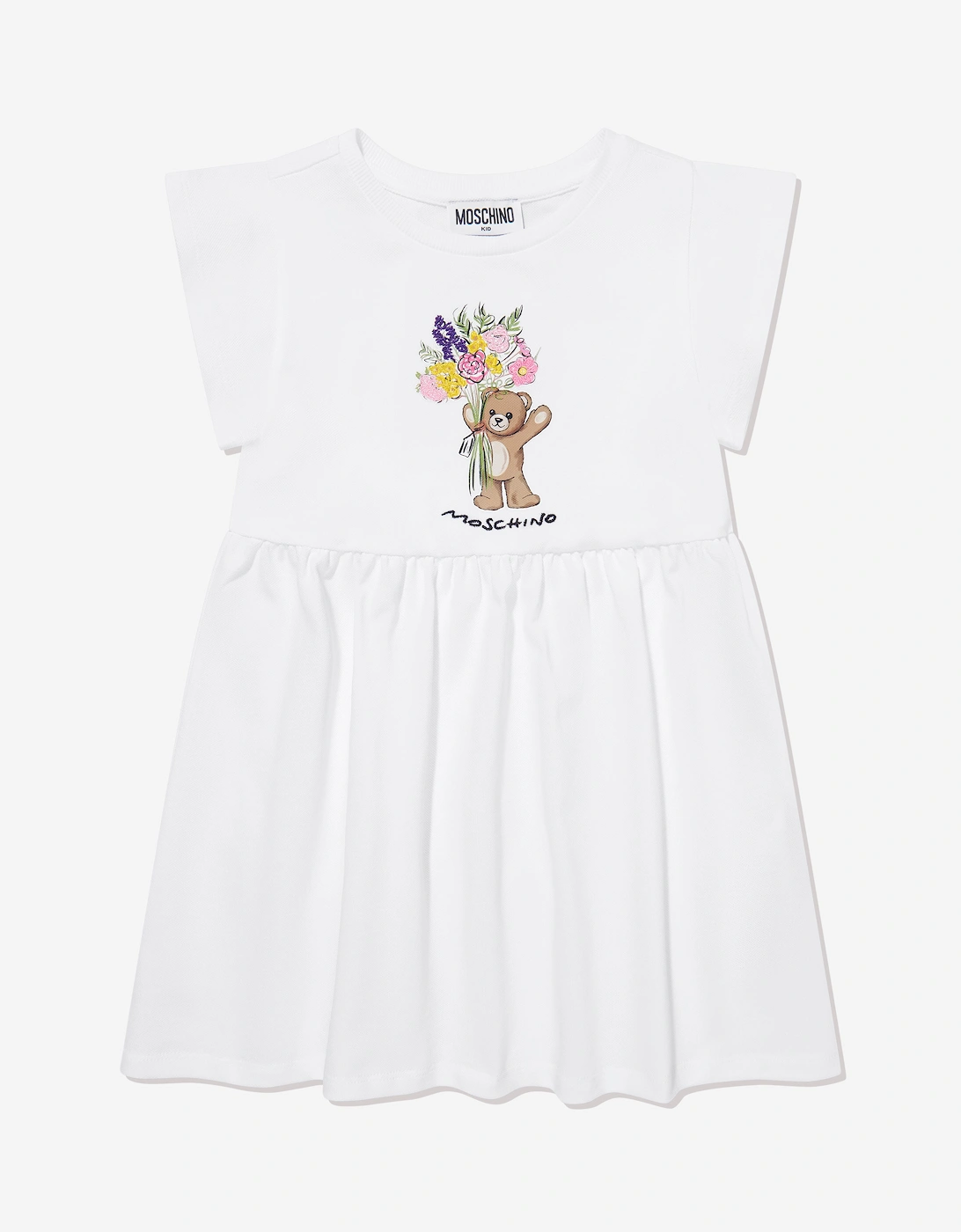 Girls Cotton Teddy Bear Dress in White, 5 of 4