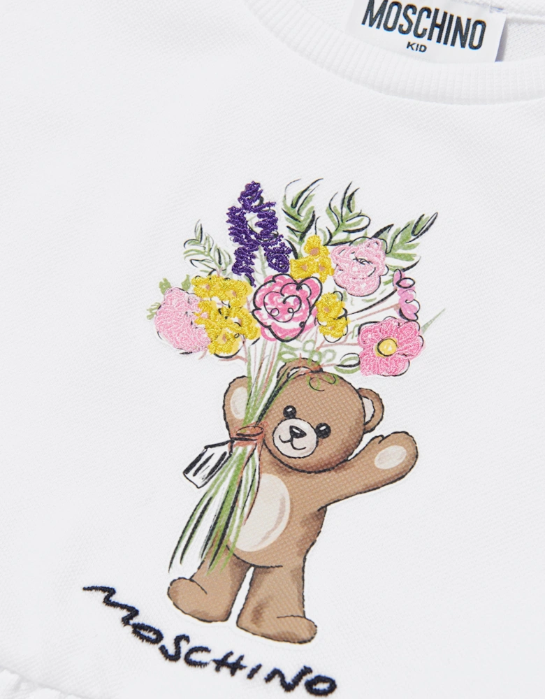 Girls Cotton Teddy Bear Dress in White