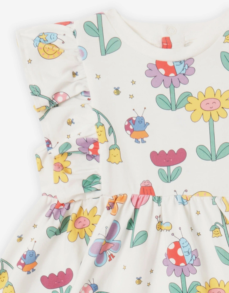 Baby Girls Flowers and Bugs Jersey Dress in Ivory