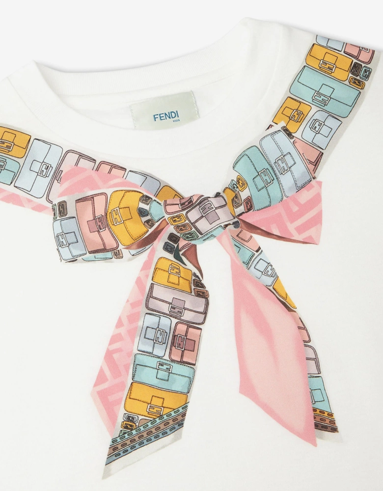 Girls Trompe l'oeil Bow Print T-Shirt in White