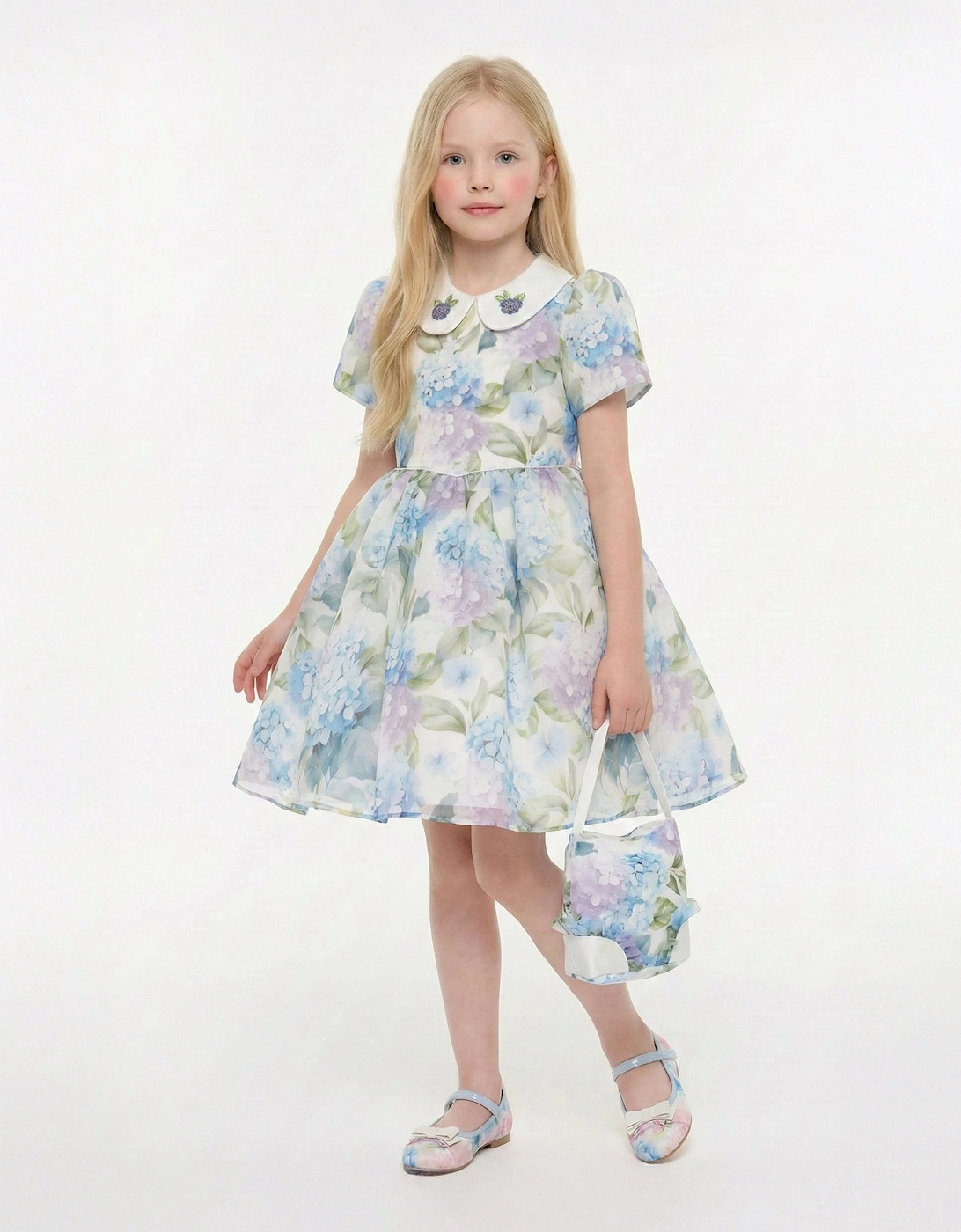 Girls Floral Occasion Dress with Bag in Blue, 6 of 5