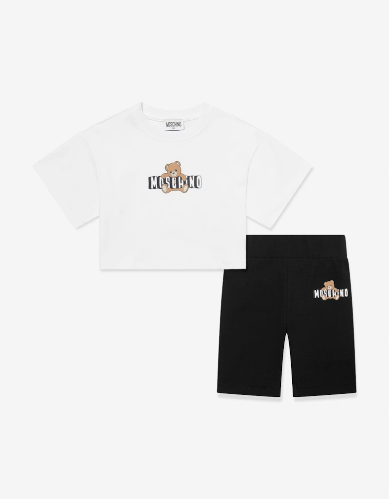 Girls Teddy Bear Logo Short Set in White