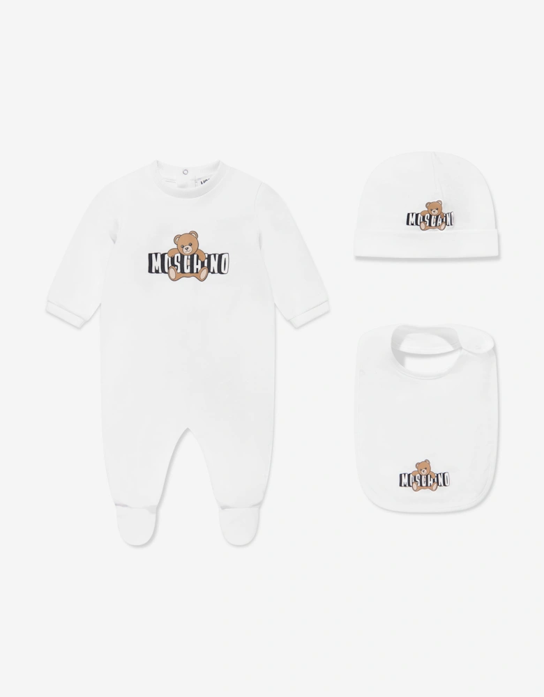 Baby Teddy Bear Logo Babygrow Set in White