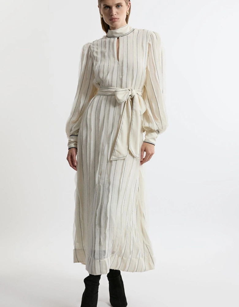 Petite Chiffon Top Stitch Detail Ruffle Belted Woven Midaxi Dress