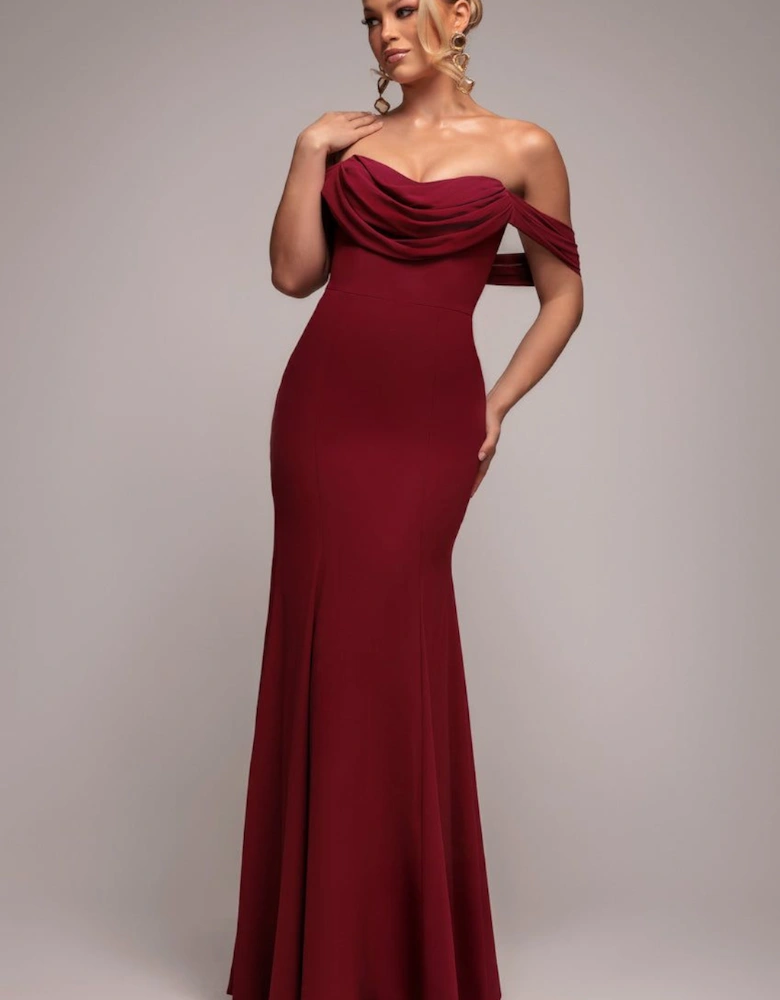 Chiffon Bardot Cowl Neck Maxi Dress