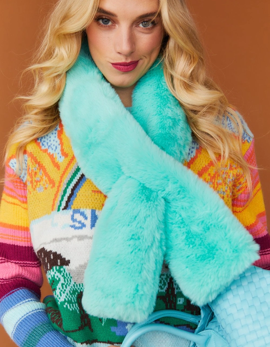 Faux Fur Scarf in Light Blue