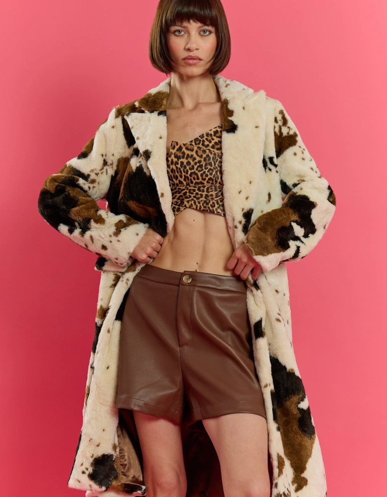Cream and Brown Bamboo Lyocell Cow Print Faux Fur Coat