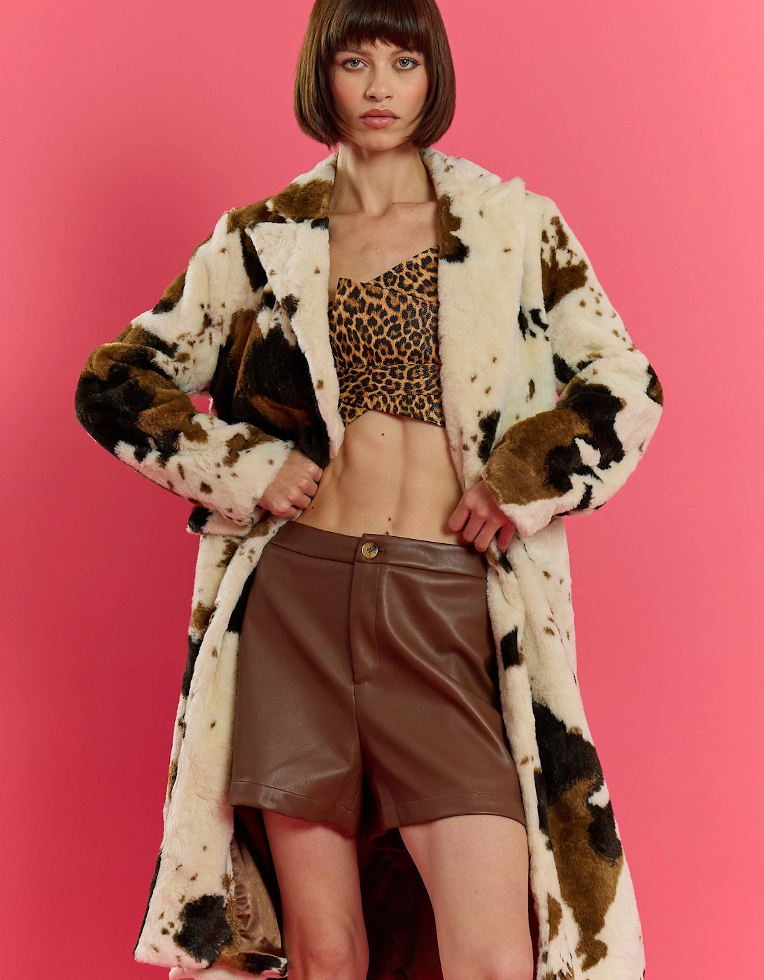 Cream and Brown Bamboo Lyocell Cow Print Faux Fur Coat, 7 of 6