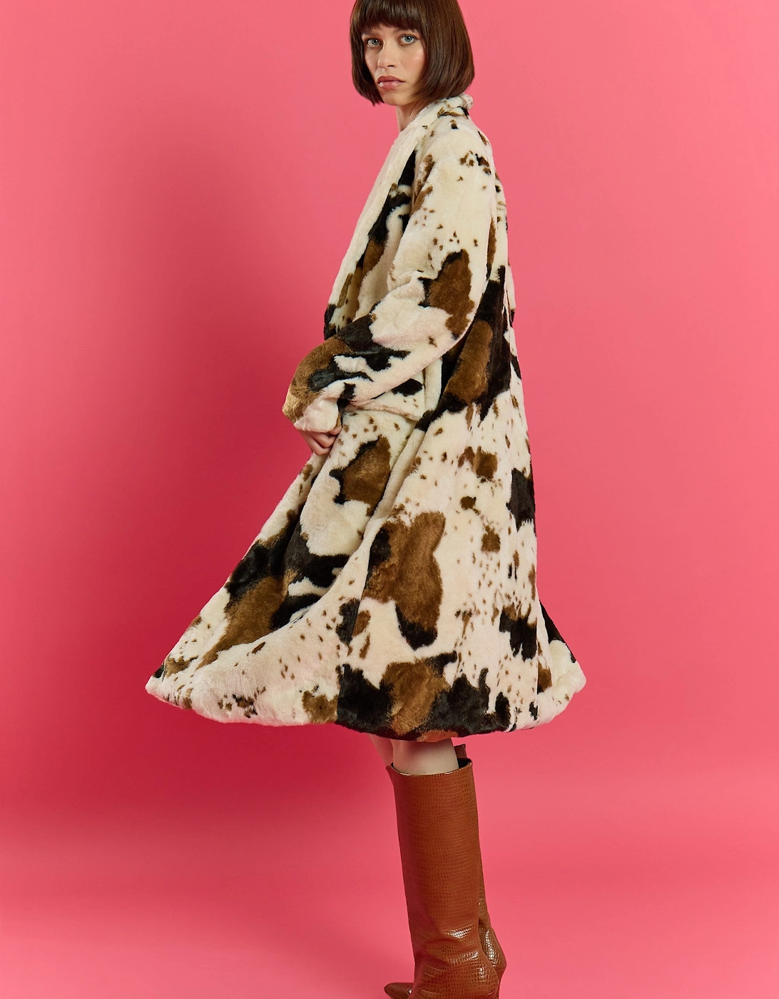 Cream and Brown Bamboo Lyocell Cow Print Faux Fur Coat