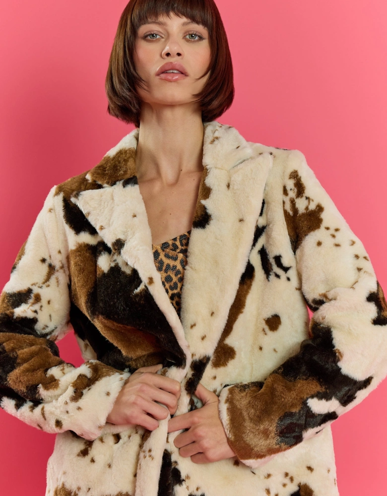 Cream and Brown Bamboo Lyocell Cow Print Faux Fur Coat