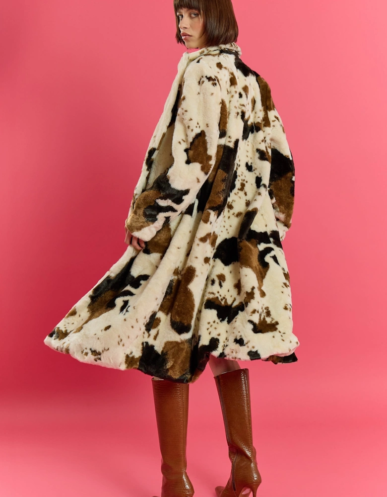 Cream and Brown Bamboo Lyocell Cow Print Faux Fur Coat