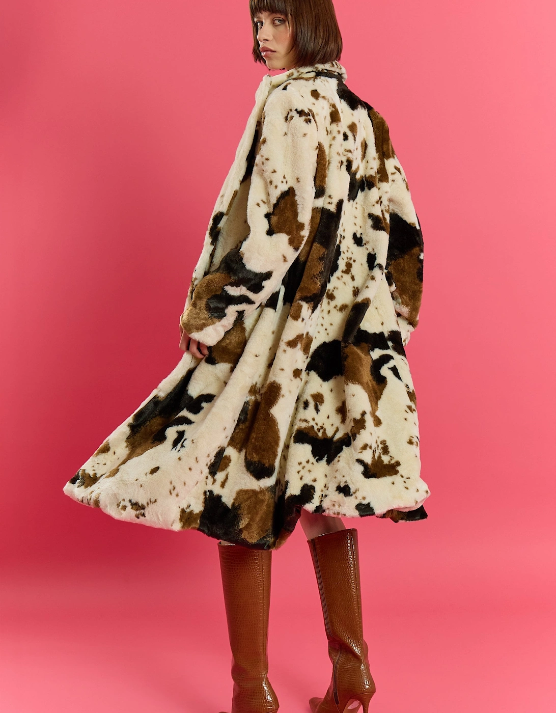 Cream and Brown Bamboo Lyocell Cow Print Faux Fur Coat