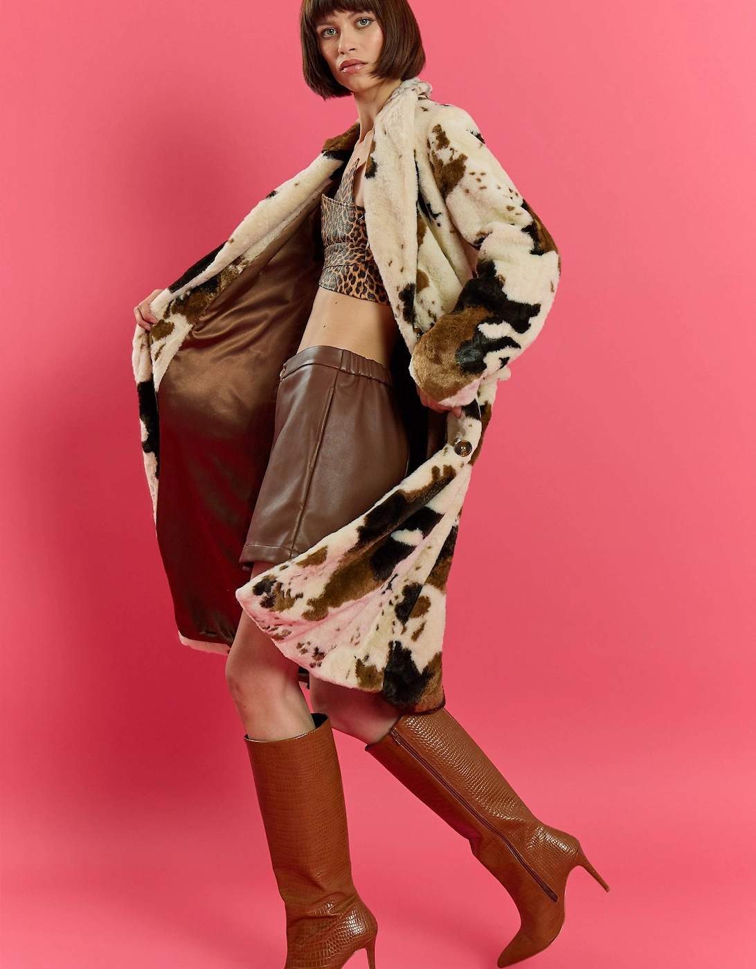 Cream and Brown Bamboo Lyocell Cow Print Faux Fur Coat